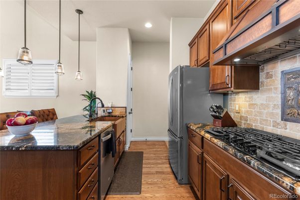 Interior, Kitchen, Pendant Lights, Recessed Lighting, Stone Walls, Wood Texture Flooring