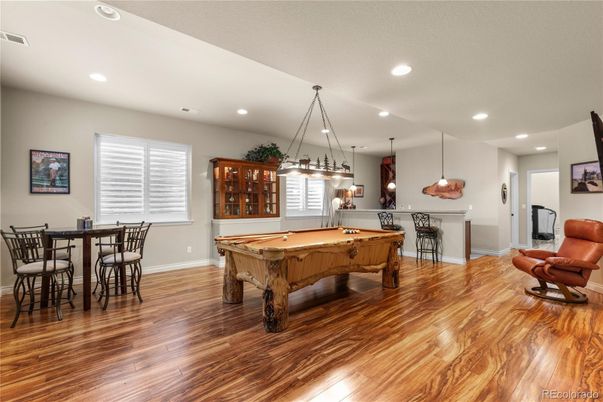 Billiard Table, Dining room, Game Room, Interior, Pendant Lights, Recessed Lighting, Wood Texture Flooring
