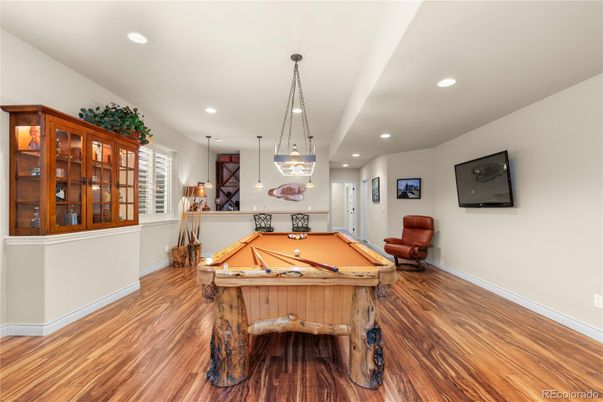 Billiard Table, Game Room, Interior, Pendant Lights, Recessed Lighting, Wood Texture Flooring