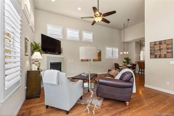 Dining room, Fireplace, Interior, Living room, Pendant Lights, Recessed Lighting, Wood Texture Flooring