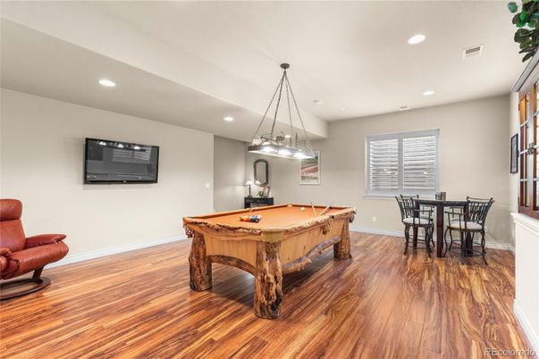 Billiard Table, Dining room, Game Room, Interior, Pendant Lights, Recessed Lighting, Wood Texture Flooring