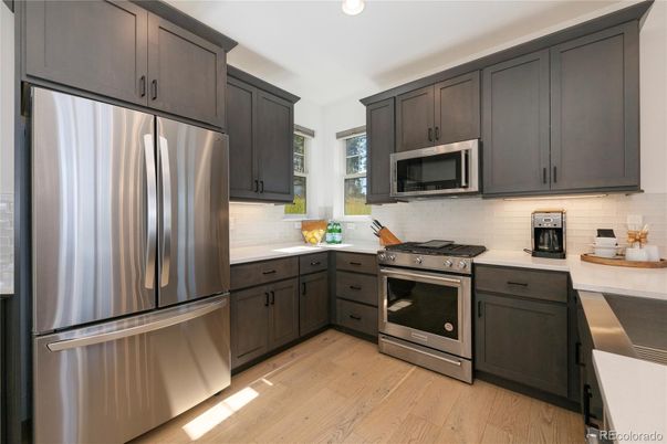 Interior, Kitchen, Recessed Lighting, Stainless Steel Appliances, Wood Texture Flooring