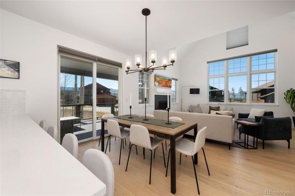 Dining room, Fireplace, Interior, Living room, Pendant Lights, Wood Texture Flooring