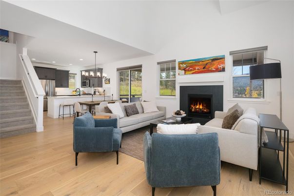 Dining room, Fireplace, Interior, Kitchen, Living room, Pendant Lights, Recessed Lighting, Wood Texture Flooring