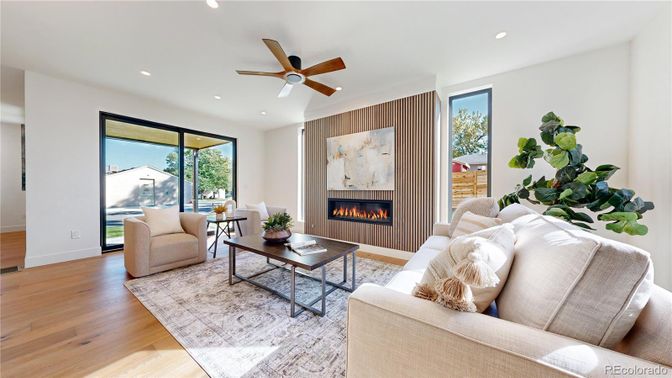 Fireplace, Interior, Living room, Recessed Lighting, Wood Texture Flooring