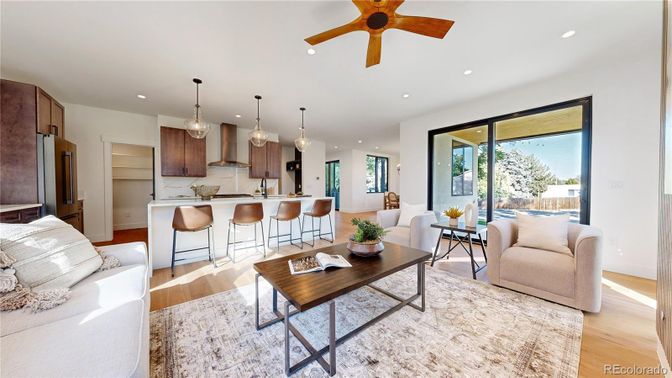 Interior, Kitchen, Living room, Pendant Lights, Recessed Lighting, Wood Texture Flooring