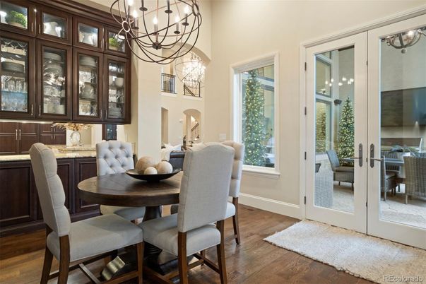 Chandelier, Dining room, Interior, Wood Texture Flooring
