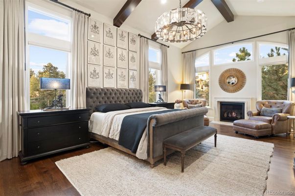 Bedroom, Chandelier, Fireplace, Interior, Recessed Lighting, Wooden Beams, Wood Texture Flooring
