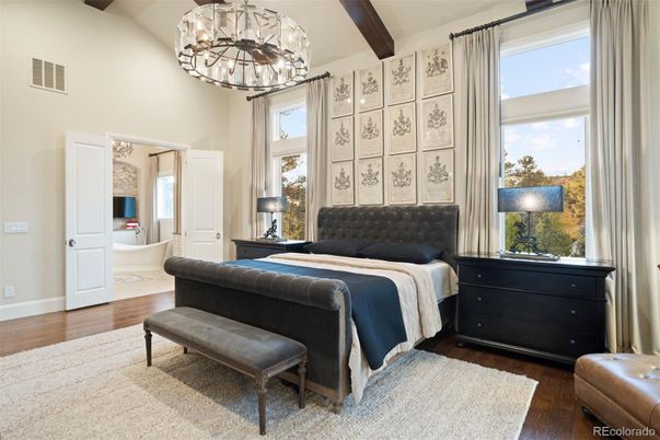 Bedroom, Interior, Pendant Lights, Wooden Beams, Wood Texture Flooring