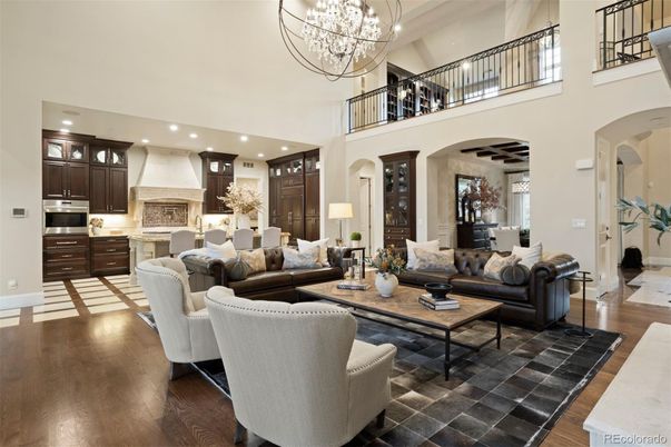 Chandelier, Fireplace, Interior, Kitchen, Living room, Recessed Lighting, Wood Texture Flooring