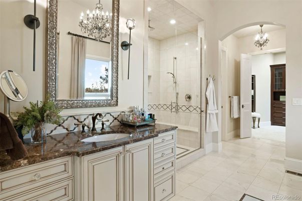 Bathroom, Chandelier, Glass Shower, Interior, Recessed Lighting