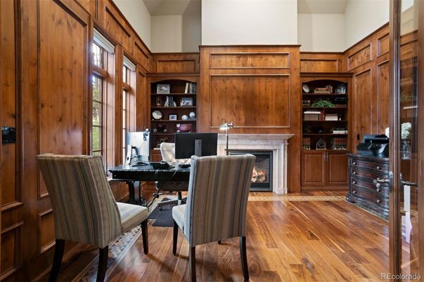 Fireplace, Home Office, Interior, Wood Texture Flooring, Wooden Walls