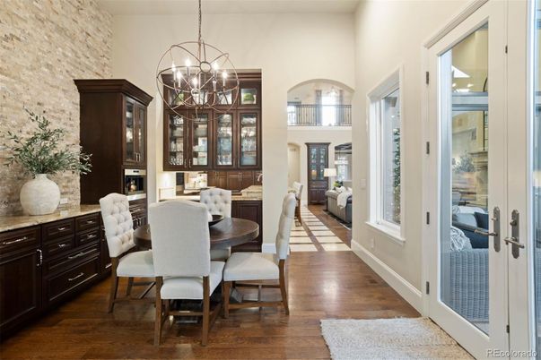 Chandelier, Dining room, Interior, Pendant Lights, Stone Walls, Wood Texture Flooring