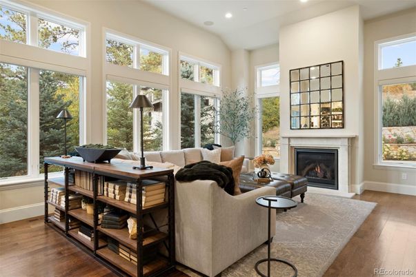 Fireplace, Interior, Living room, Recessed Lighting, Wood Texture Flooring