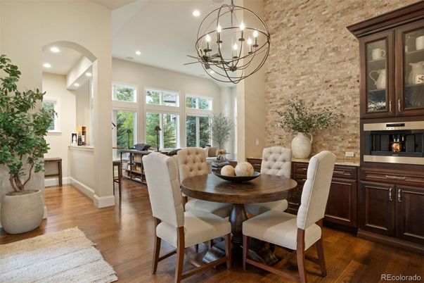 Chandelier, Dining room, Interior, Recessed Lighting, Stone Walls, Wood Texture Flooring