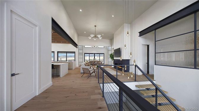 Dining room, Interior, Living room, Pendant Lights, Recessed Lighting, Wood Texture Flooring