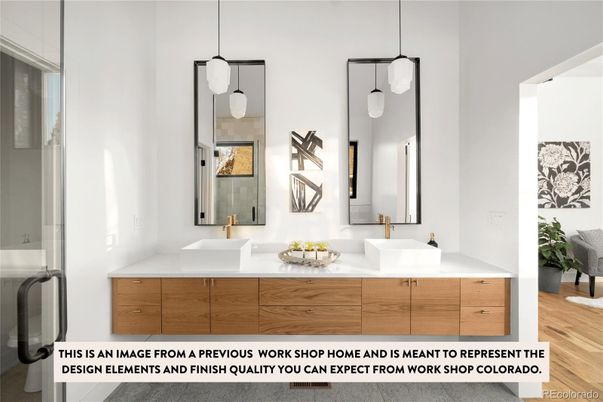 Bathroom, Dual Sink Vanities, Interior, Pendant Lights, Wood Texture Flooring