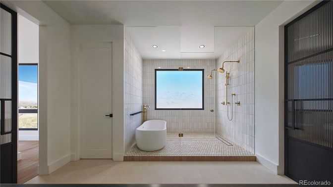 Bathroom, Free Standing Baths, Interior, Recessed Lighting, Wood Texture Flooring