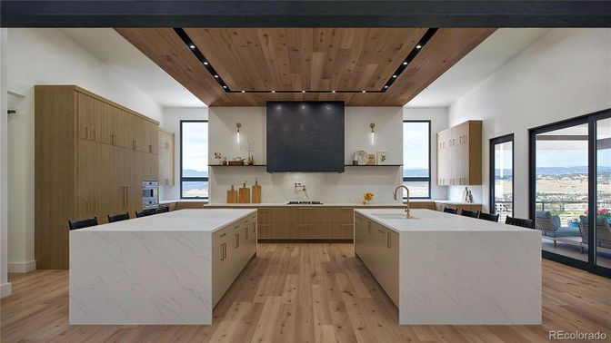 Interior, Kitchen, Marble Walls, Recessed Lighting, Wooden Ceilings, Wood Texture Flooring