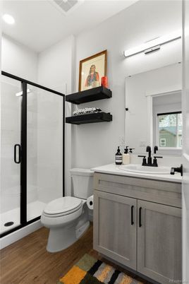 Bathroom, Glass Shower, Interior, Recessed Lighting, Wood Texture Flooring