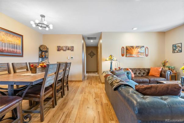 Chandelier, Dining room, Interior, Living room, Recessed Lighting, Wood Texture Flooring