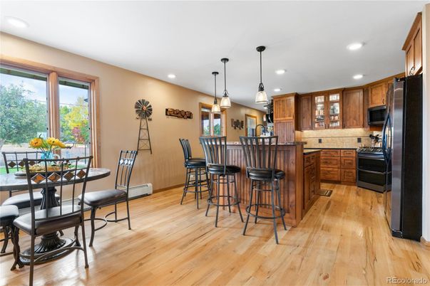 Dining room, Interior, Kitchen, Pendant Lights, Recessed Lighting, Wood Texture Flooring