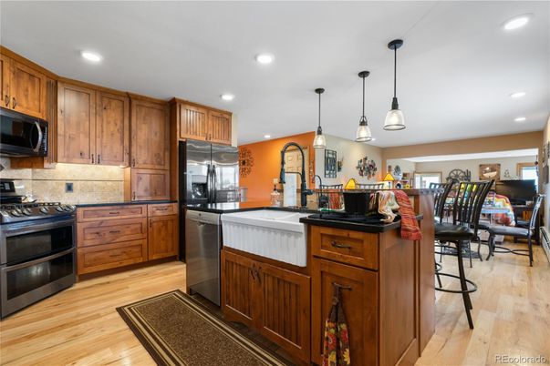 Interior, Kitchen, Pendant Lights, Recessed Lighting, Stainless Steel Appliances, Wood Texture Flooring