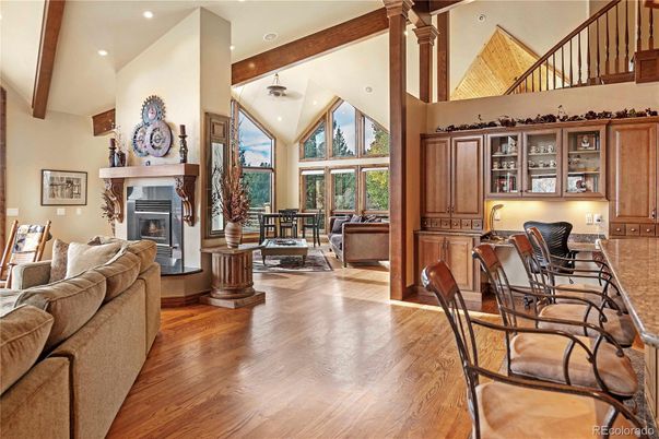 Fireplace, Interior, Living room, Recessed Lighting, Wooden Beams, Wood Texture Flooring