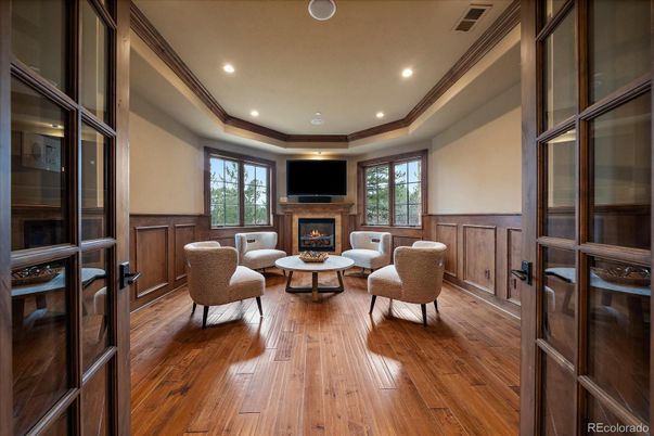 Fireplace, Interior, Living room, Recessed Lighting, Wood Texture Flooring