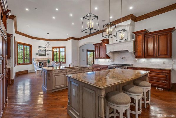 Dining room, Fireplace, Interior, Kitchen, Pendant Lights, Recessed Lighting, Wood Texture Flooring