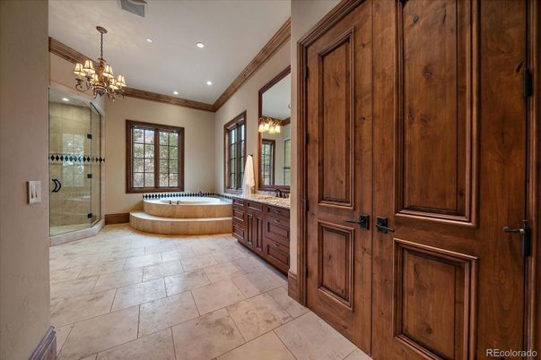 Bathroom, Chandelier, Glass Shower, Interior, Recessed Lighting