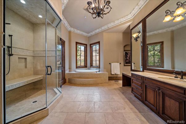 Bathroom, Chandelier, Dual Sink Vanities, Glass Shower, Interior, Recessed Lighting