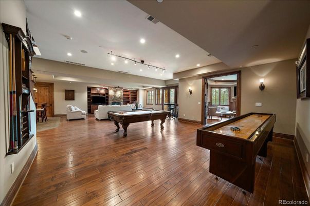 Billiard Table, Game Room, Interior, Recessed Lighting, Wood Texture Flooring