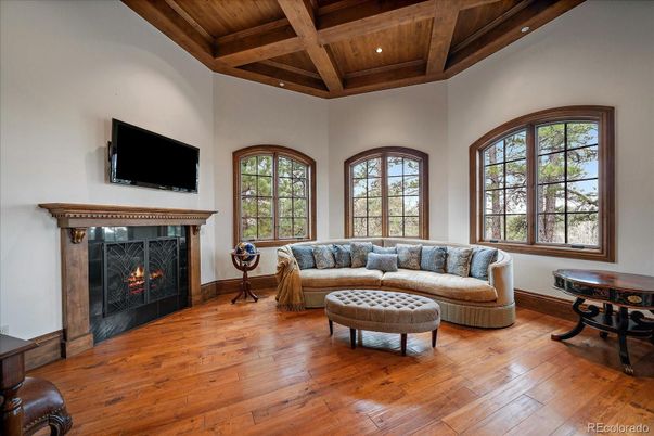 Fireplace, Interior, Living room, Recessed Lighting, Wooden Beams, Wooden Ceilings, Wood Texture Flooring