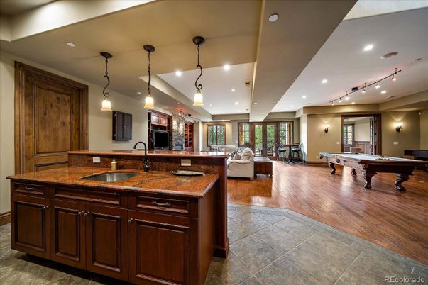 Billiard Table, Game Room, Interior, Living room, Pendant Lights, Recessed Lighting, Wood Texture Flooring