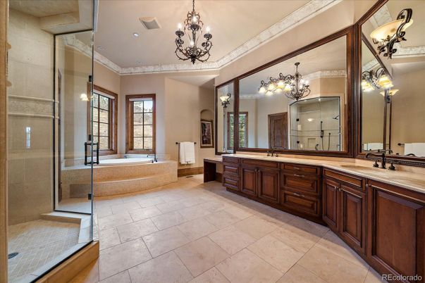 Bathroom, Chandelier, Dual Sink Vanities, Glass Shower, Interior, Recessed Lighting