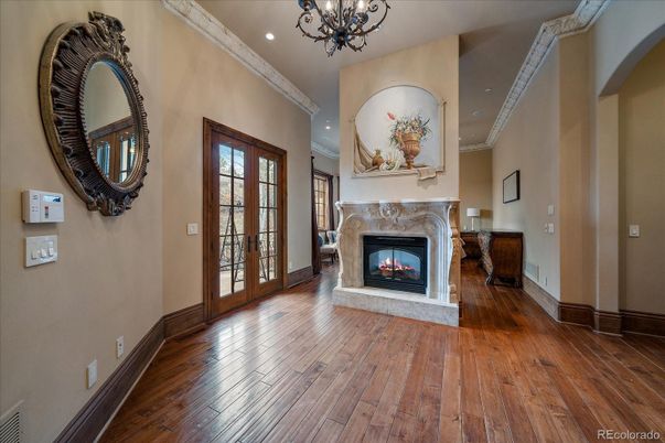Chandelier, Fireplace, Interior, Recessed Lighting, Wood Texture Flooring