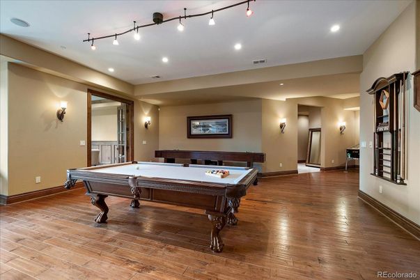 Billiard Table, Game Room, Interior, Recessed Lighting, Wood Texture Flooring
