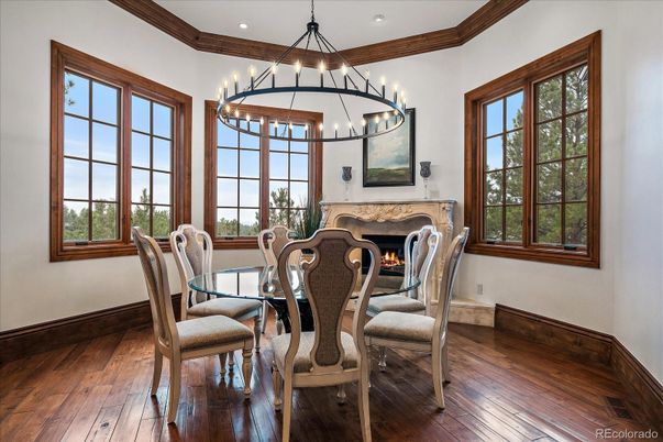 Chandelier, Dining room, Fireplace, Interior, Recessed Lighting, Wood Texture Flooring