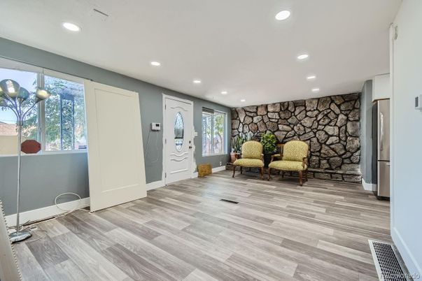 Interior, Recessed Lighting, Stone Walls, Wood Texture Flooring