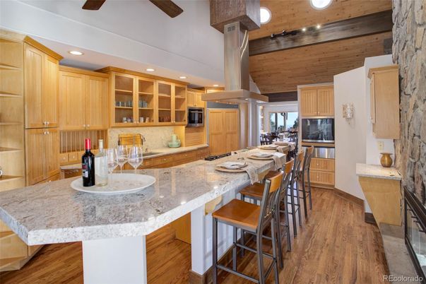 Interior, Kitchen, Recessed Lighting, Stainless Steel Appliances, Wooden Beams, Wooden Ceilings, Wood Texture Flooring