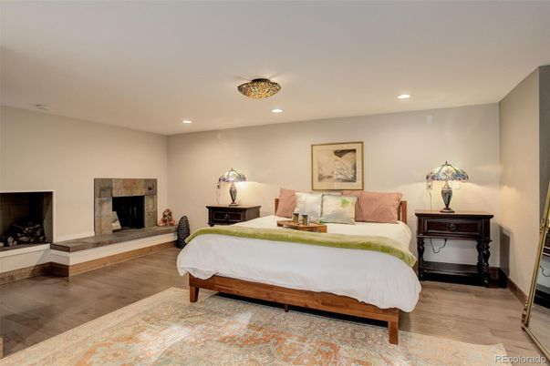 Bedroom, Fireplace, Interior, Recessed Lighting, Wood Texture Flooring
