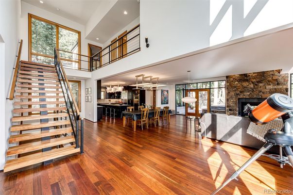 Dining room, Fireplace, Interior, Kitchen, Pendant Lights, Recessed Lighting, Stone Walls, Wood Texture Flooring