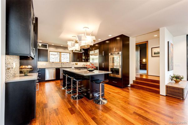 Chandelier, Interior, Kitchen, Recessed Lighting, Stainless Steel Appliances, Wood Texture Flooring