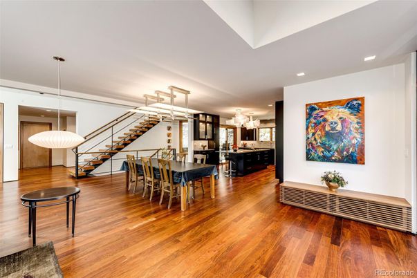 Dining room, Interior, Kitchen, Pendant Lights, Recessed Lighting, Wood Texture Flooring