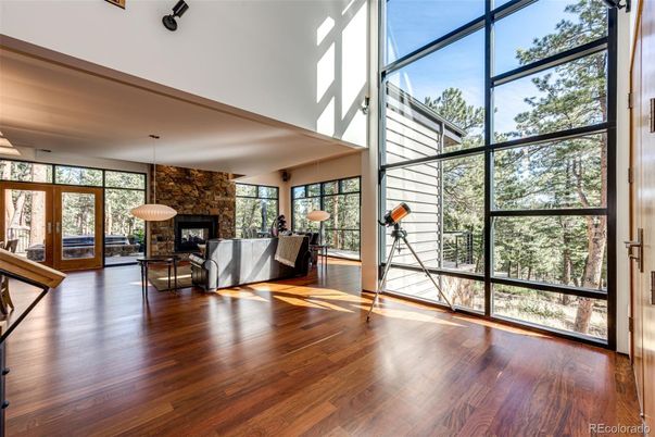 Fireplace, Interior, Living room, Pendant Lights, Wood Texture Flooring