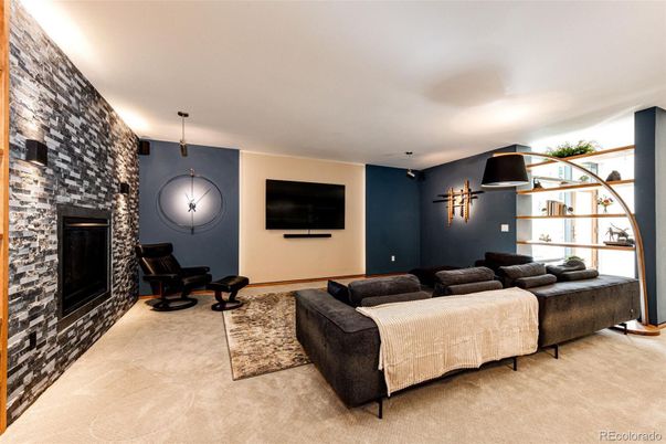 Fireplace, Interior, Living room, Pendant Lights, Stone Walls