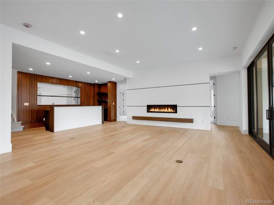 Empty room, Fireplace, Interior, Kitchen, Recessed Lighting, Wood Texture Flooring