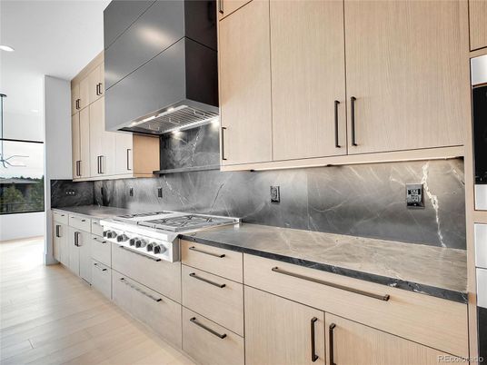 Interior, Kitchen, Marble Walls, Recessed Lighting, Wood Texture Flooring