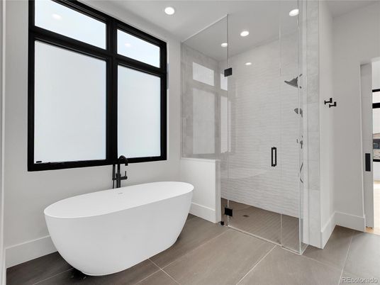 Bathroom, Free Standing Baths, Glass Shower, Interior, Recessed Lighting